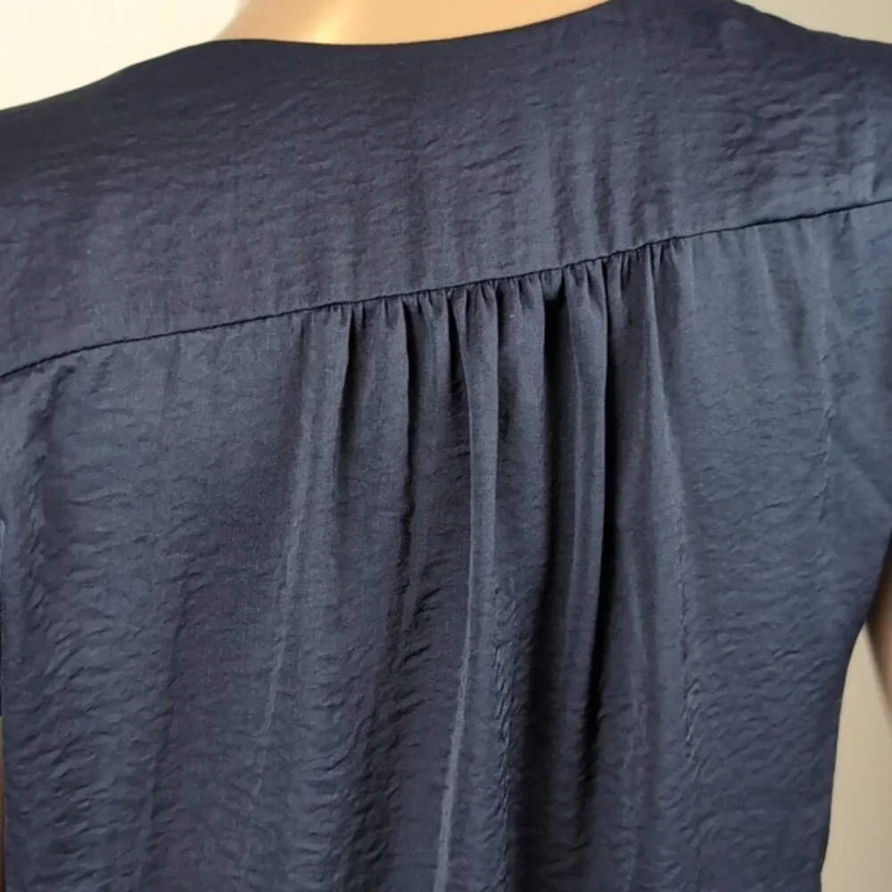 H&M Navy Vneck Top Short Sleeve Blue Satin Pleated Blouse - Picture 7 of 12